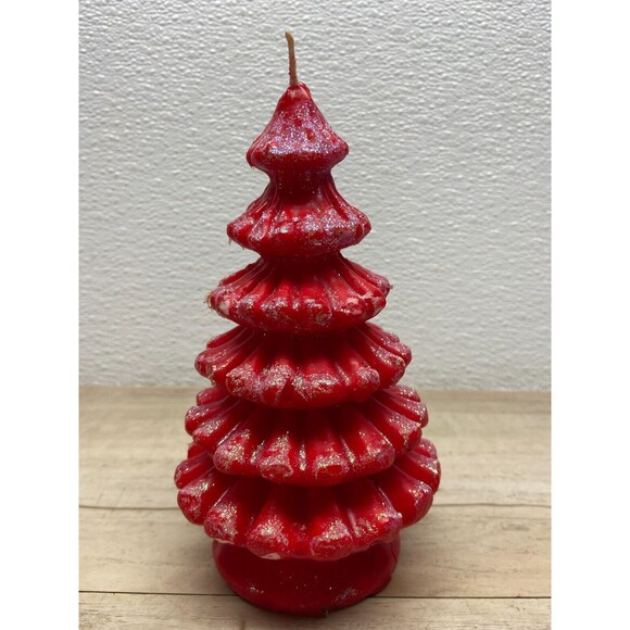 Vtg Christmas Tree Candle Red Wax Glitter 7"x3" - Picture 2 of 8